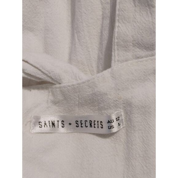 Saint + Secrets Linen Ruffle Apron Front Jumpsuit Tie Waist Soft White Womens L - Picture 6 of 10